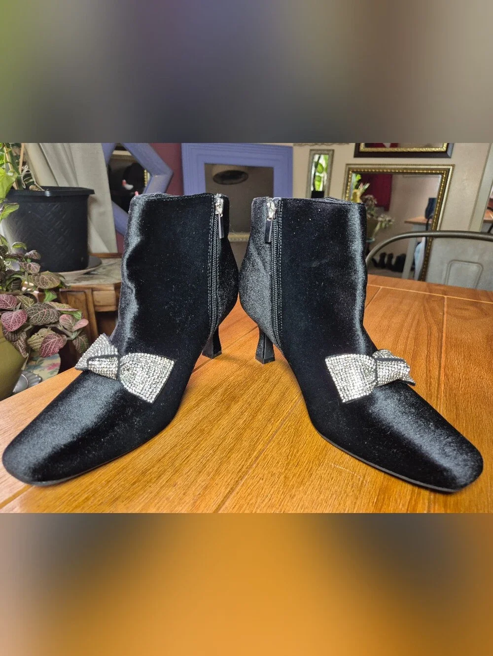 Comfort est 1946 Kitten Heel Velvet Booties With Rhinestone Bow - Size 9